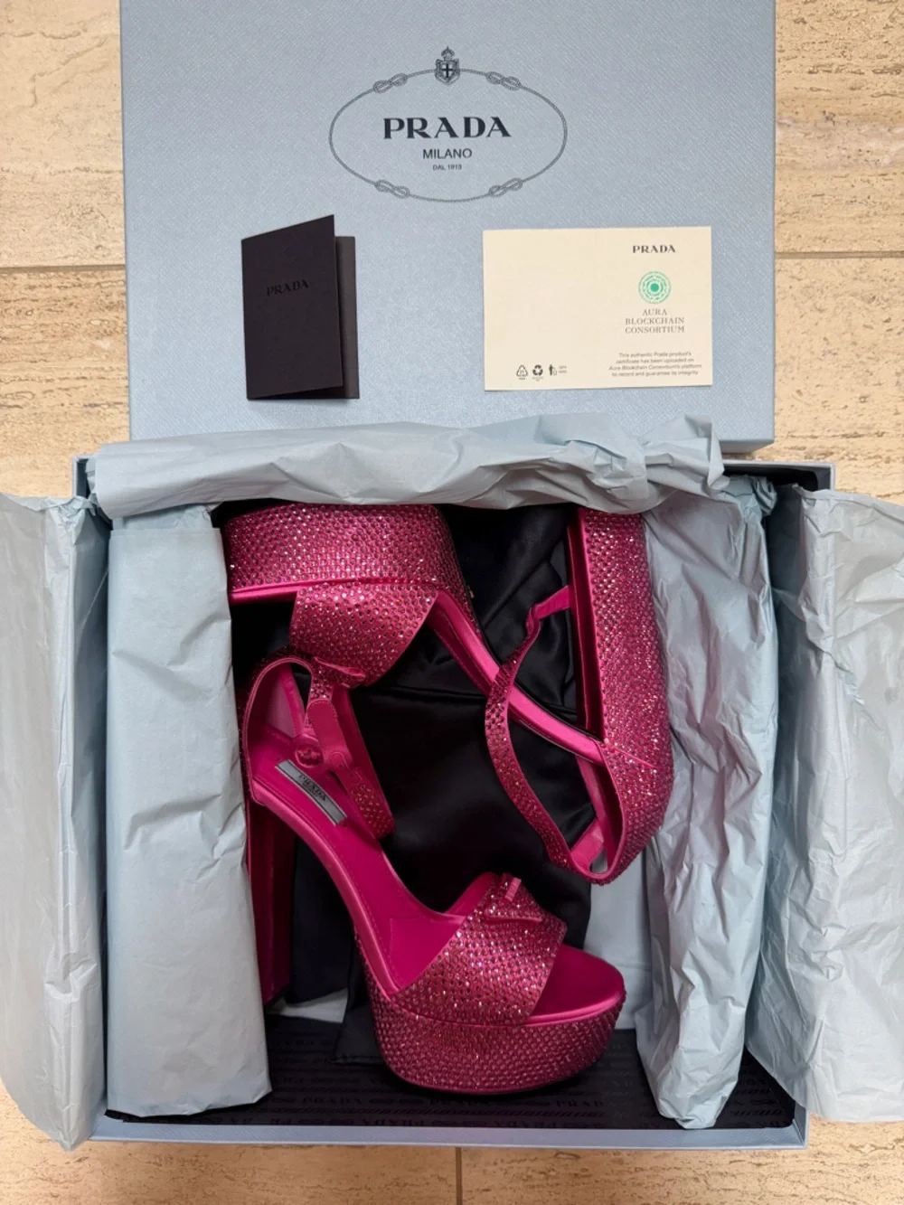 NWT!! PRADA Hot Pink Crystal-Embellished 135mm Platform Sandals